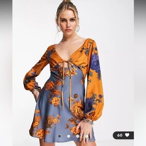 NEW! ASOS DESIGN satin tie front blouson sleeve mini dress with open back detail